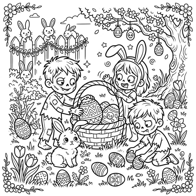 Dive into a wonderfully weird world where child zombies celebrate Easter! This unique coloring page combines spooky charm with festive egg hunting fun, perfect for those who love a twist on tradition.