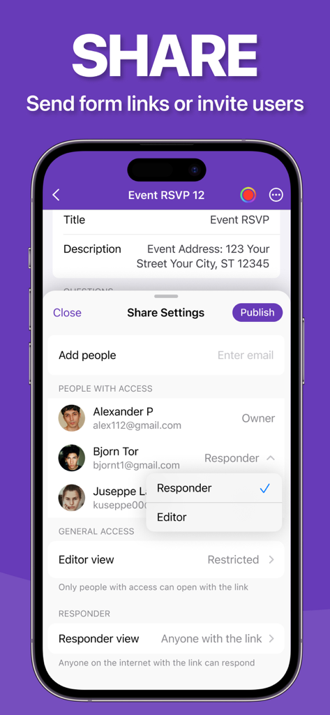 Eine mobile Benutzeroberfläche der Forms-App, die Freigabeeinstellungen und Benutzerzugriffsberechtigungen für eine Google Forms-Umfrage anzeigt.