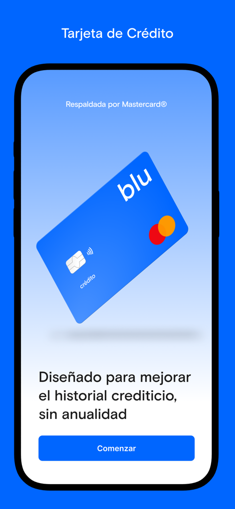Onboarding screen of the Blu credit card app featuring a blue Mastercard and a button to start