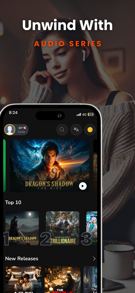 Kuku FM: Audio Series - Kuku FM audio series app interface showing top stories on a smartphone screen