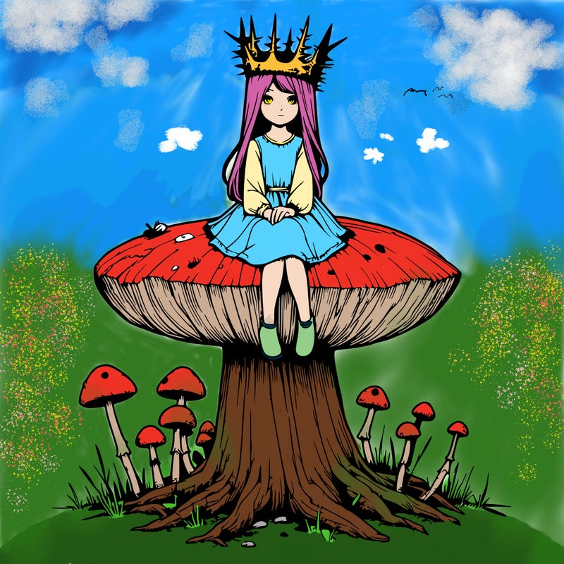 realistic girl sitting on a huge tree stump size toadstool with thorn crown