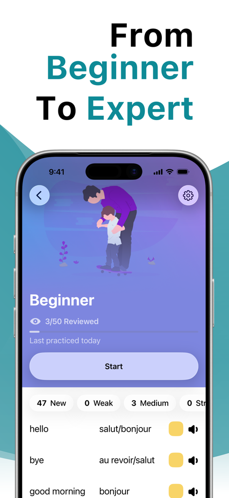 LENGOアプリのフランス語初心者レベルの進捗状況と、「こんにちは」「さようなら」などの単語の語彙リストを表示するインターフェース。