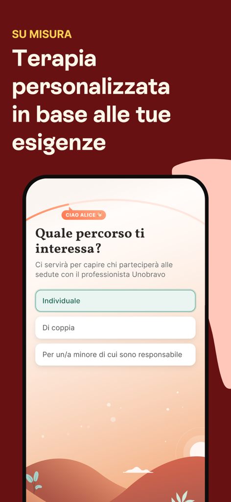 Una pantalla de aplicación móvil que muestra opciones para sesiones de terapia individual o de pareja.