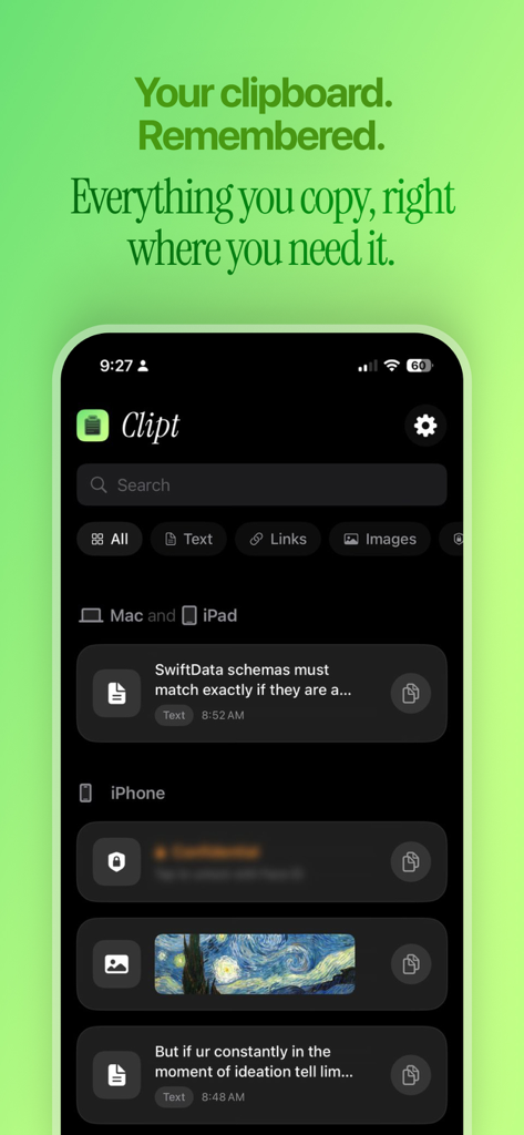 Clipt - Clipboard History - Schermata principale dell'app Clipt che mostra una dashboard con cronologia appunti organizzata, inclusi snippet di testo, immagini e stato di sincronizzazione del dispositivo.