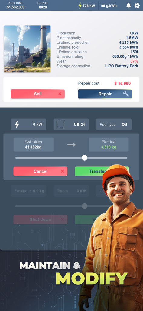 Energy Manager - 2025 - Oberfläche zur Verwaltung und Reparatur eines Ölkraftwerks in Energy Manager 2025