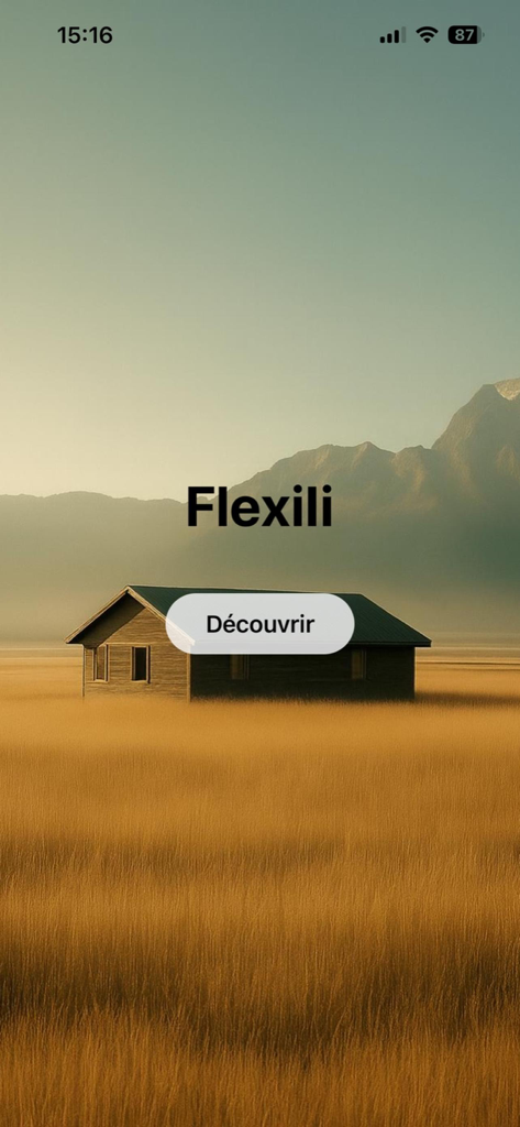 Flexiii - Flexiii app welcome screen featuring a house in a golden field with mountains in the background and a discover button.