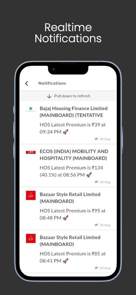 IPO Premium - Smartphone screen showing real-time Grey Market Premium notifications for various IPOs including Bajaj Housing Finance and Bazaar Style Retail.