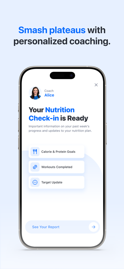 Built With Science+ - Nutrition check in screen showing calorie and protein goals in the Built With Science plus app