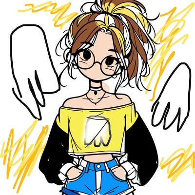 girl with a messy ponytail glasses a baggy crop top and jean shorts