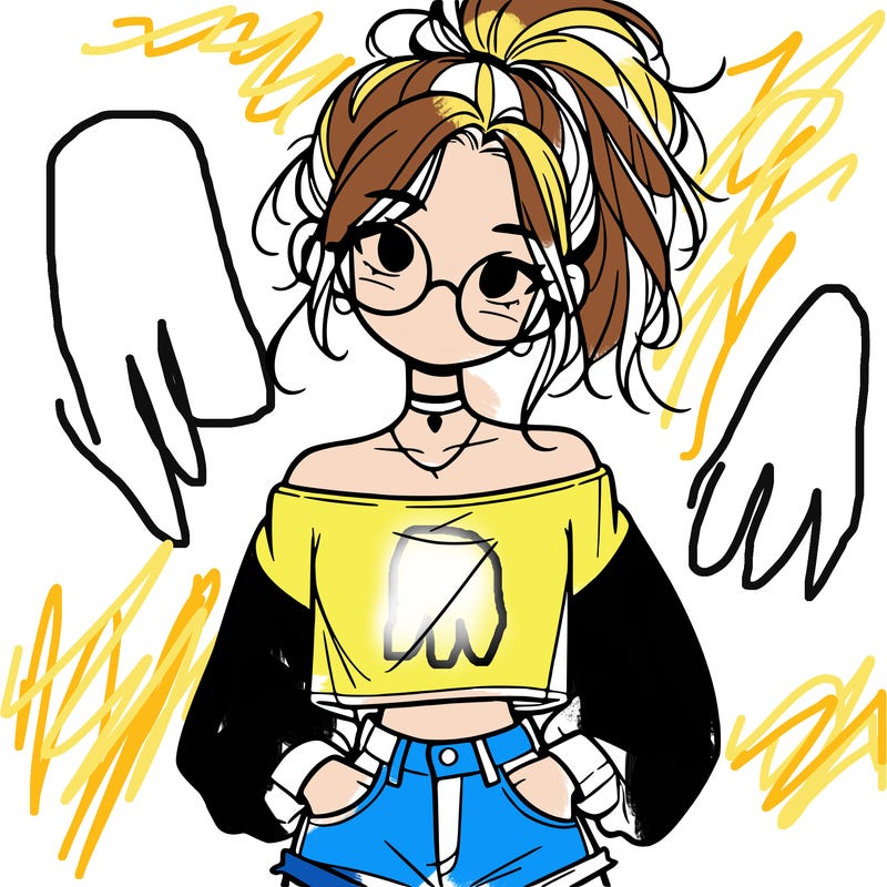 girl with a messy ponytail glasses a baggy crop top and jean shorts