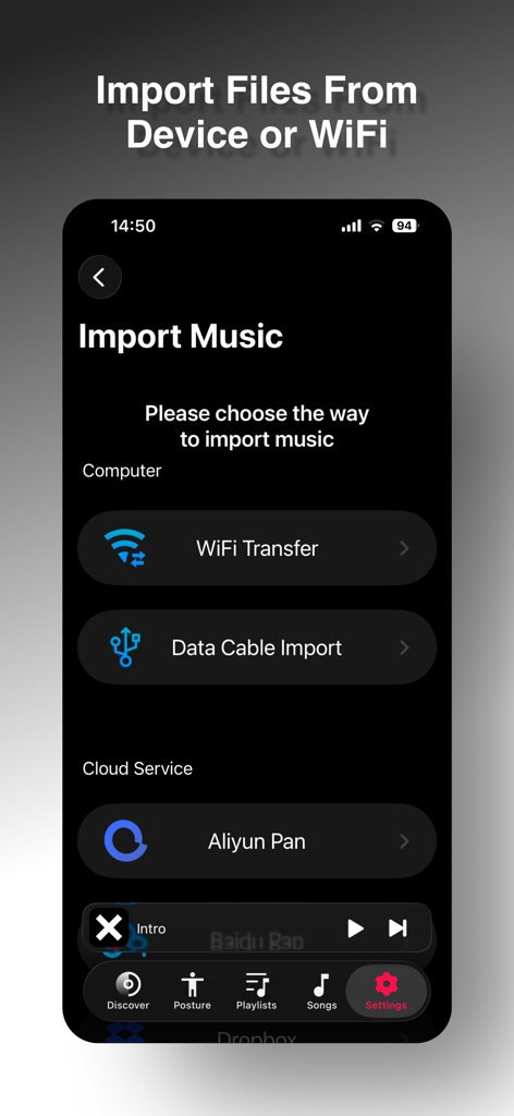 PoseMusic-Offline Music Player - PoseMusic app interface showing options to import music files from a computer via WiFi or data cable.