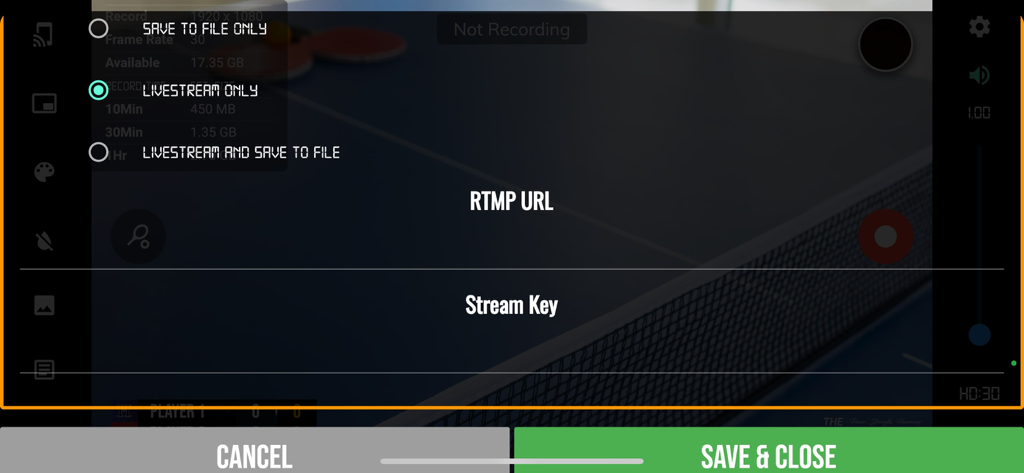 Livestream setup screen with RTMP URL and stream key options for table tennis matches