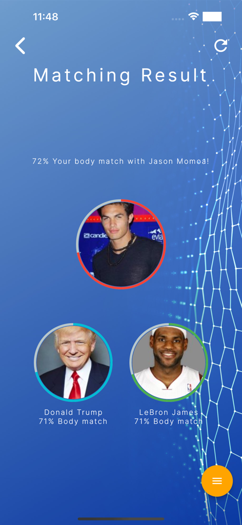 Abody.ai - Abody.ai app screen showing body measurement matches with celebrities including Jason Momoa Donald Trump and LeBron James