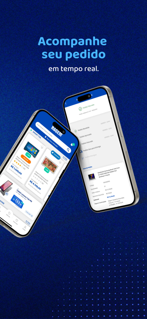 Nagem App - Nagem app screens showing electronic product listings and real-time order status tracking.