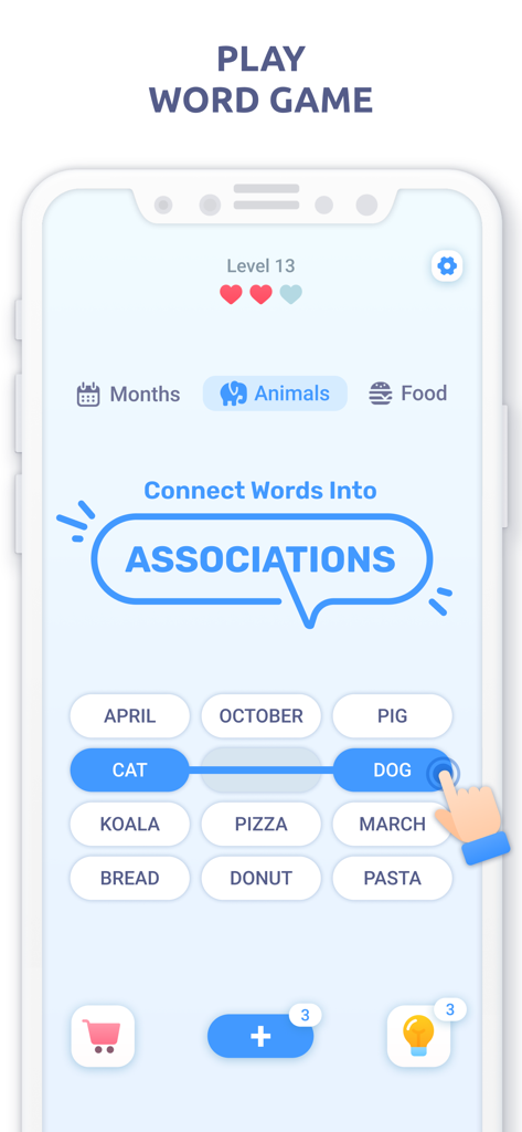 Gameplay of Associations Word Connections showing words like cat and dog being linked in a puzzle.