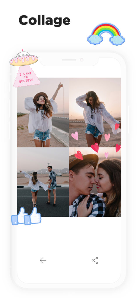 Candy Camera - A four-photo collage in the Candy Camera app featuring aesthetic filters and decorative stickers like a rainbow and hearts.