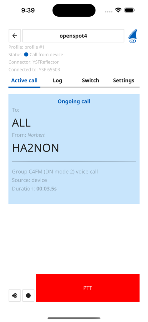 SharkRF Link app interface displaying an active voice call with a large red PTT button
