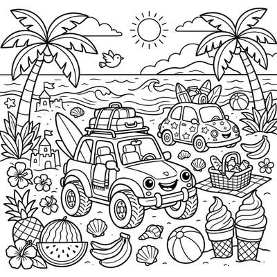 Prepare for an exciting beach adventure with this delightful coloring page featuring two cheerful automobiles on a summer vacation. Kids will love bringing these happy cars, surfboards, and sandy scenes to life with their favorite colors.