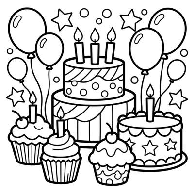 Get ready for a party with this delightful coloring page featuring festive birthday cakes and cupcakes. Designed with ultra-thick lines, it's perfect for little hands to develop motor skills and enjoy creative play.
