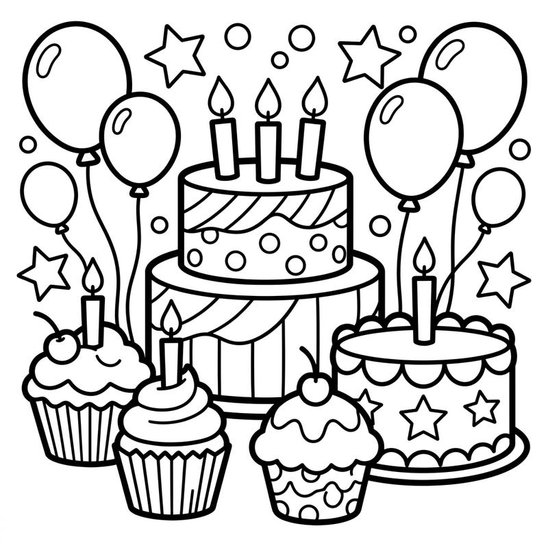 Get ready for a party with this delightful coloring page featuring festive birthday cakes and cupcakes. Designed with ultra-thick lines, it's perfect for little hands to develop motor skills and enjoy creative play.