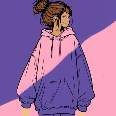 realistic girl with a oversized sweatshirt on and a bun