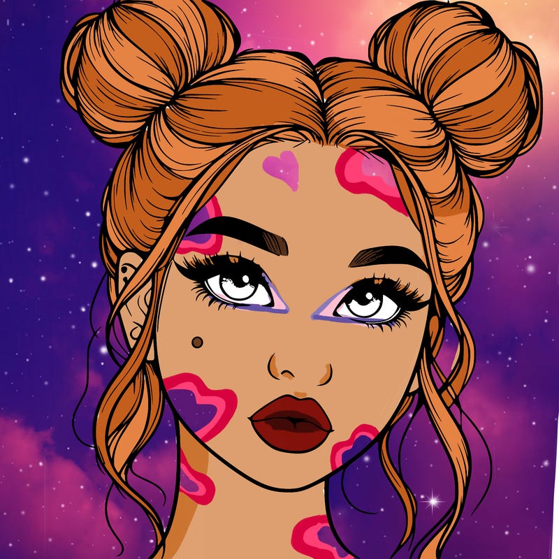 realistic girl with two buns on her hair and lips