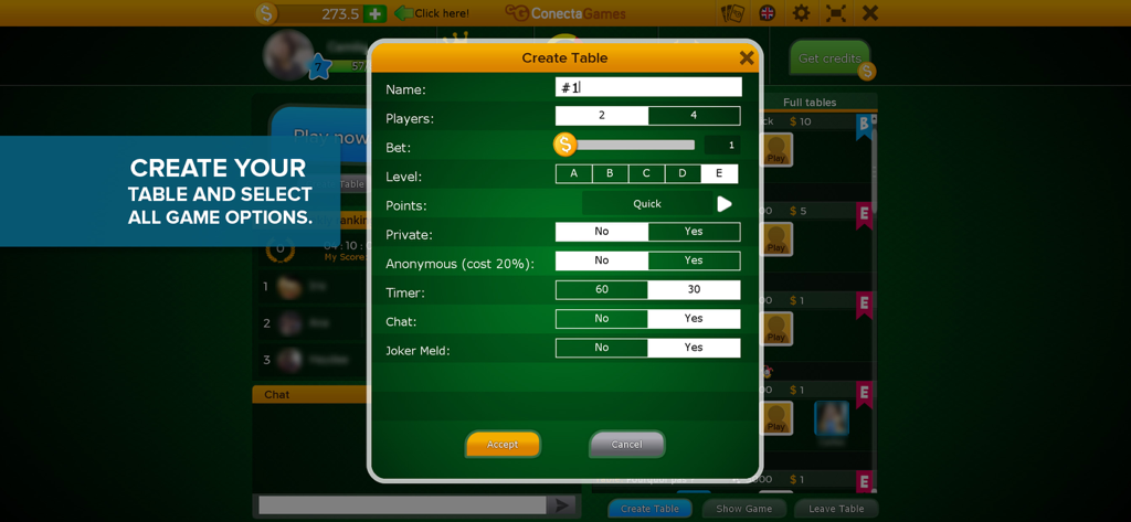 Menu for creating a custom game table with specific rules in the Canasta app