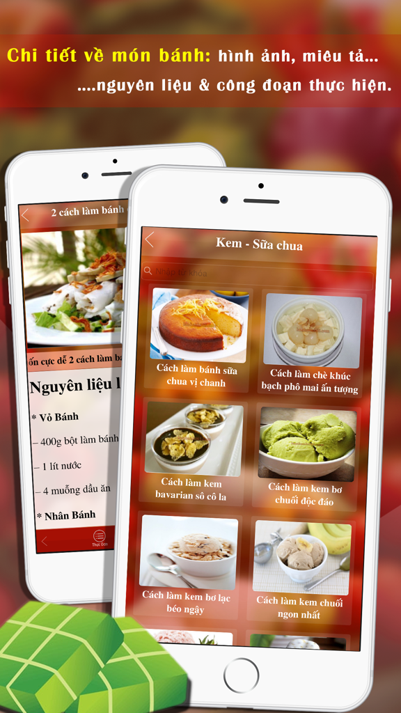 Công Thức Làm Bánh - Mobile app interface displaying a variety of Vietnamese dessert recipes with photos and detailed ingredient lists