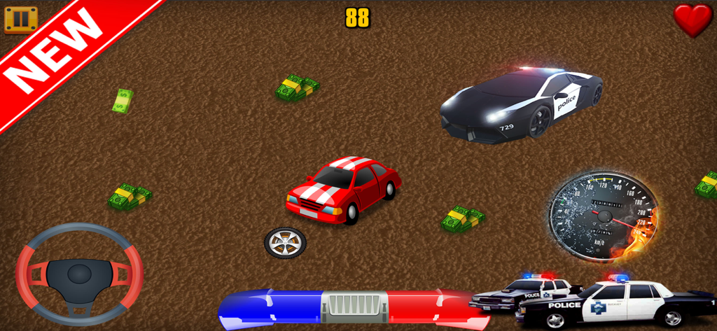 Cartoon Car Chase Challenge - Top-down view of a red car escaping police cars while collecting cash in a cartoon style arcade game.