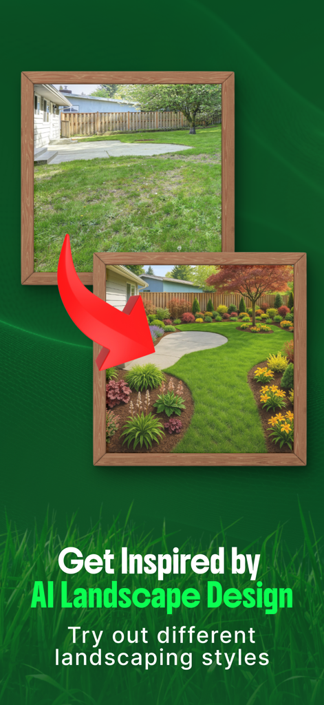 Vorher-Nachher-Vergleich eines Hinterhofs, der mit KI-Landschaftsgestaltung transformiert wurde