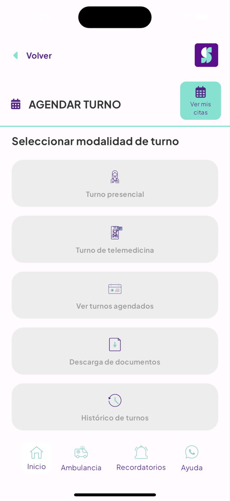 Santa Clara Medicina Prepaga - Interfaz de la aplicación Santa Clara Medicina Prepaga para programar citas médicas presenciales y de telemedicina.