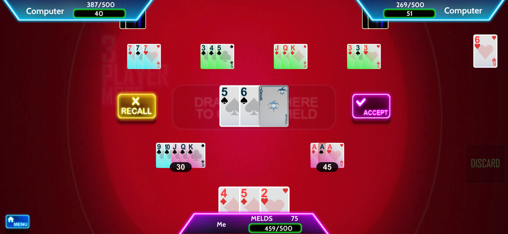 Classic Rummy 500 card game - In-game screen of Classic Rummy 500 showing card melds and gameplay interface on a red background