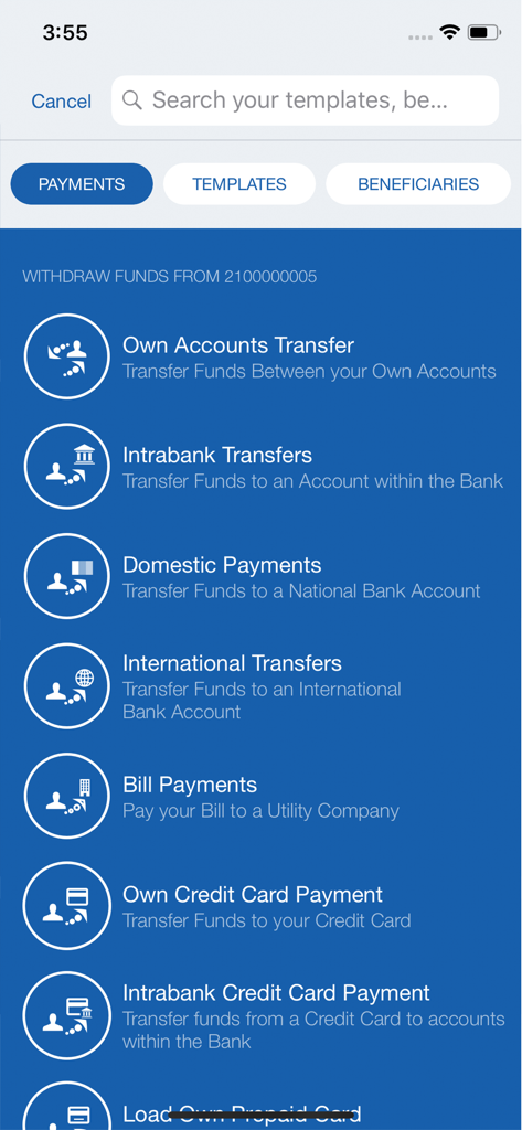 ComBank Digital - Interfaccia dell'app ComBank Digital che mostra le opzioni di trasferimento di denaro internazionali e locali.