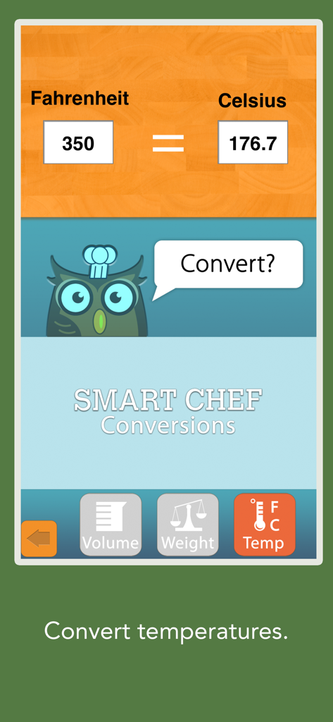 Smart Chef - Cooking Helper - Tela do aplicativo Smart Chef mostrando uma ferramenta de conversão entre Fahrenheit e Celsius para culinária