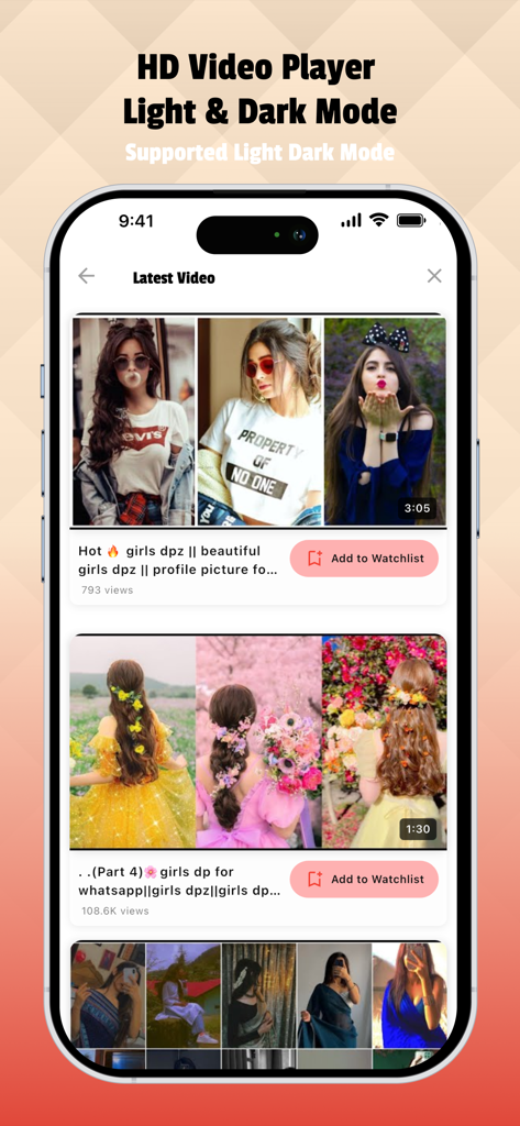 All Video Downloader - Player - Oberfläche der Alle Video-Downloader-App, die die neuesten Videos und die Funktion zum Hinzufügen zur Watchlist auf einem iPhone zeigt