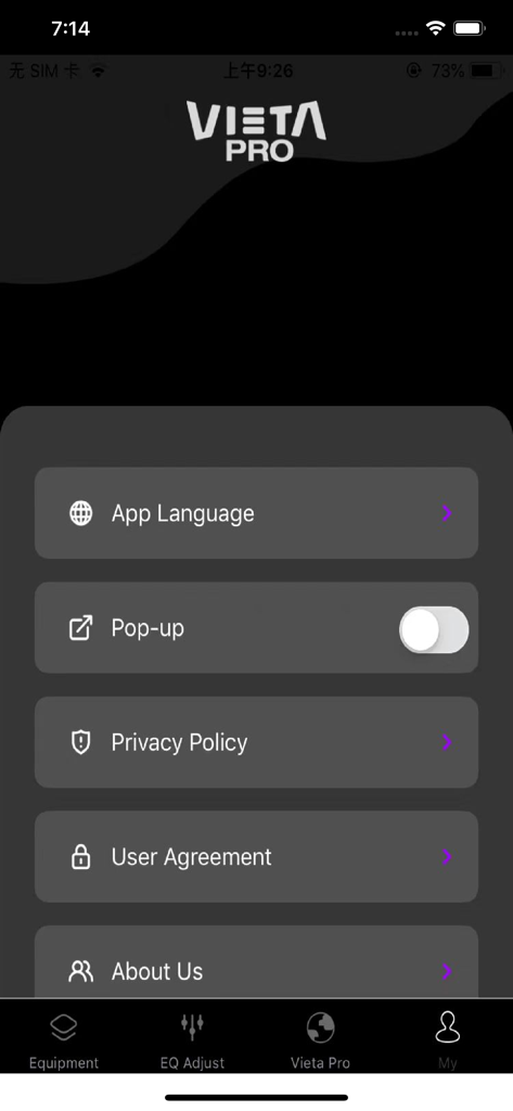Vieta Pro Audio - Pantalla de configuración de la aplicación Vieta Pro Audio que muestra opciones de idioma y acuerdos de usuario