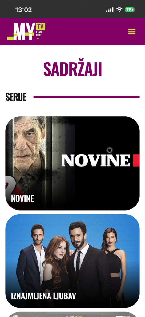 MY MEDIA - Interfaz de la aplicación MY MEDIA mostrando series de televisión bosnias como Novine e Iznajmljena Ljubav en la sección de contenido.