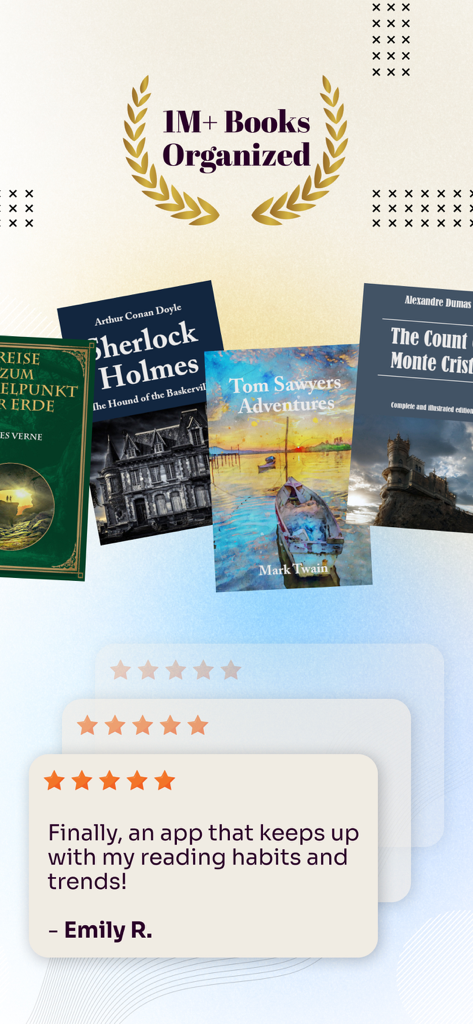 Book Tracker app interface showing a 5 star user review and a milestone of over 1 million books organized