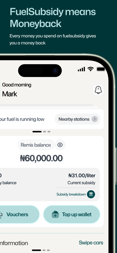 FuelSubsidy - FuelSubsidy app dashboard displaying Remis wallet balance and fuel subsidy information