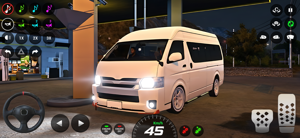Dubai Van Simulator Game 3D - Gameplay of Dubai Van Simulator Game 3D showing a white van at a gas station at night with mobile driving controls