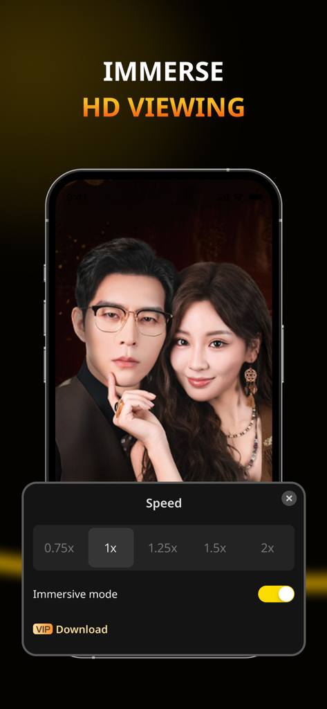 A mobile screen showing the FlickReels app with a drama scene and settings for playback speed and immersive mode