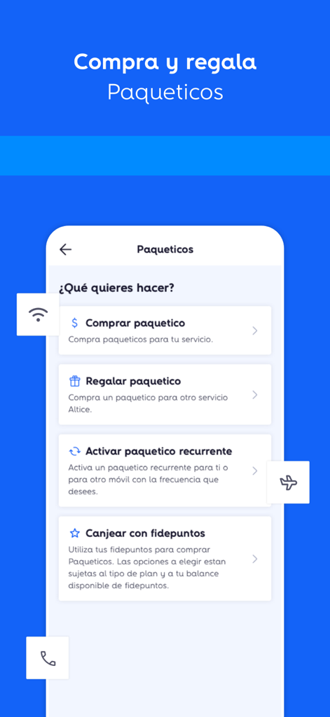 Pantalla de la aplicación Mi Altice que muestra opciones de paquetes de datos móviles, incluyendo compra, regalo y canje de puntos de fidelidad