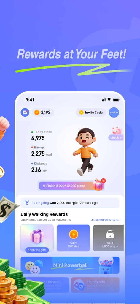 WalkCash mobile app screen displaying step count calories and daily earning rewards