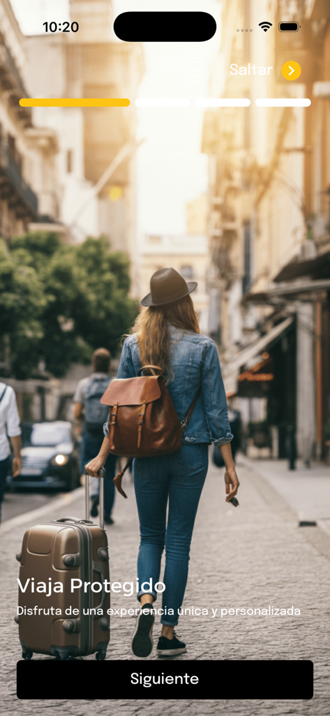 Travelfine - Woman traveler with a suitcase on the Travelfine app welcome screen with the text Viaja Protegido