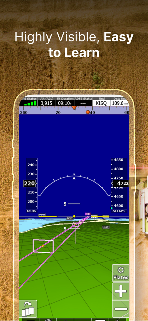 iFly EFB - iFly EFB app showing 3D synthetic vision and flight instruments on a mobile device