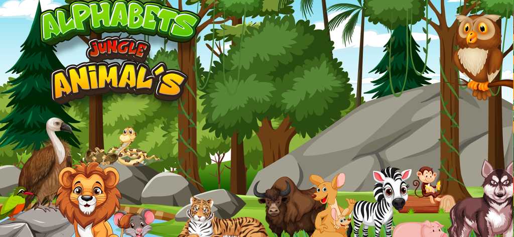 ABC : Alphabet Jungle Animals - Title screen of ABC Alphabet Jungle Animals app featuring a variety of cartoon animals in a jungle background