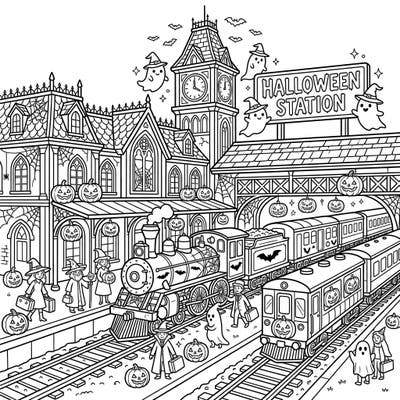 Get ready for a wickedly fun journey with this elaborate Halloween train station coloring page. Featuring ghostly passengers, pumpkin decorations, and a classic steam engine, it's perfect for a creative spooky season.