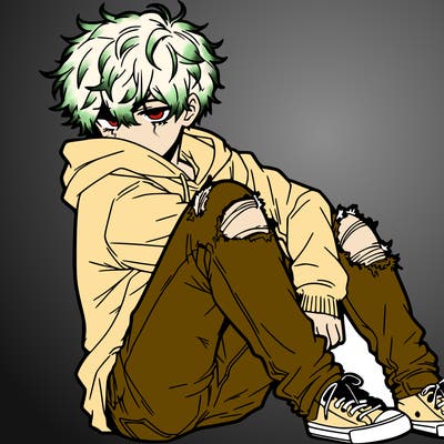 a male hoddie ripped jeans messy hair anime