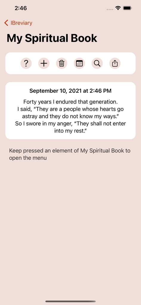 iBreviary TS Plus - Ein Screenshot der Funktion Mein spirituelles Buch in der iBreviary App, der einen religiösen Vers und Navigationssymbole zeigt.