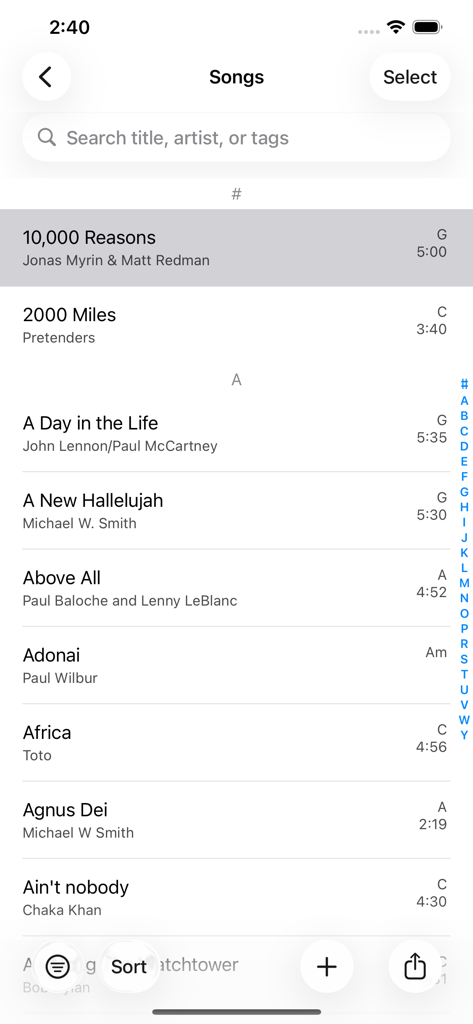 SongSheet Pro School Edition - Una lista de canciones en la aplicación SongSheet Pro que muestra títulos, artistas, tonalidades y duraciones de canciones.